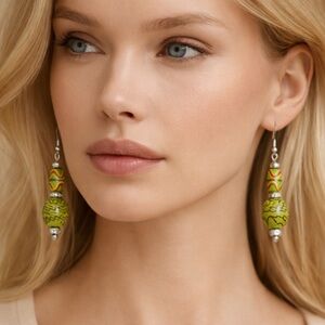 Handcrafted French Made Green Beaded Drop Earrings